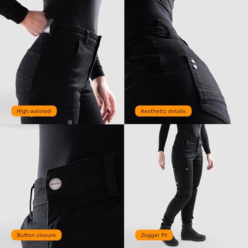 OZONE MOTO Jane Lady Motorradjeans Damen | Aramidfaser Futter | Knieprotektoren Stufe 2 | Taschen für Hüft und Steißbeinprotektoren | Cargotasche | Jogger Fit