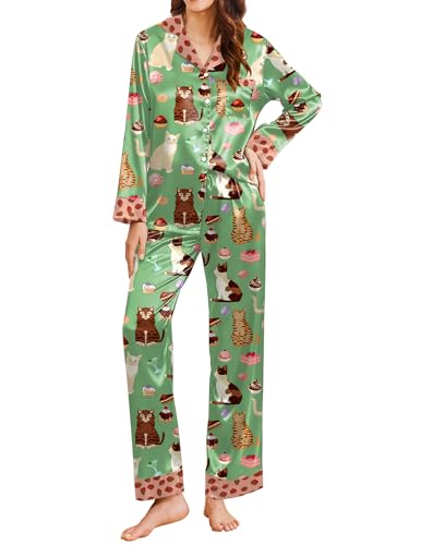 Ekouaer Silk Pajamas for Women Funny Graphic Cat Pajama...