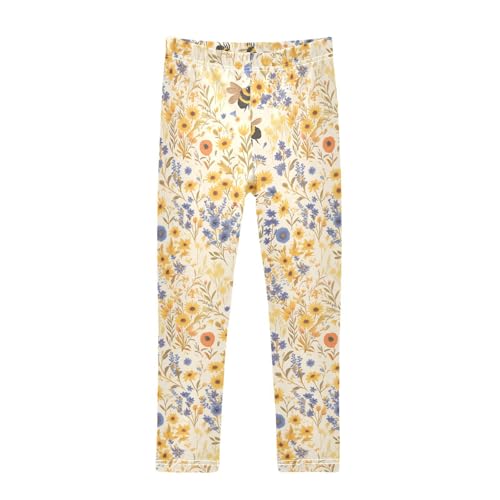 KLL Vintage Embroidery Honey Bee with Wild Flowers Toddler Baby Girl Cotton Pants Stretch High Waisted Dance Pants Sports