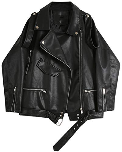 LY VAREY LIN Women Black Faux Leather Jackets Zipper Casual Short Coat Turn-down Collar Motor Biker Jacket with Belt4