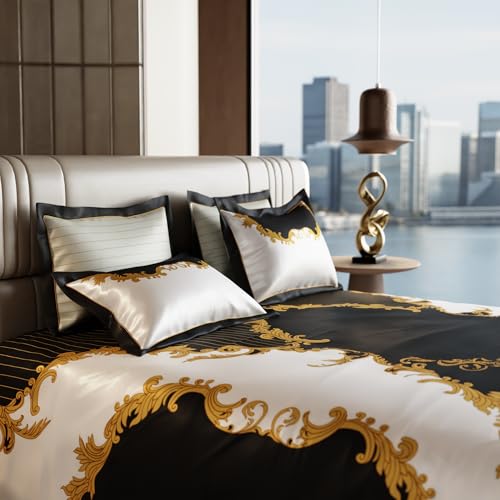 Image of Stoa Paris 300TC UltraSatin Super Size Bedsheet with 4 Pillow Covers, 274cm x 274cm Ideal for King & Double Bed, Gentle on Skin & Hair, Fade & Wrinkle Resistant, Quick Dry, Baroque - Cream, Gold