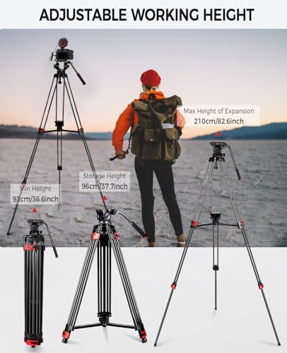 82" /210cm Professional Video Tripod, Heavy Duty Aluminum Alloy Camera Tripod Stand with 360° Fluid Drag Head, QR Plate Compatible with Canon Nikon Sony DSLR Camera Camcorder (Load 33Lb)