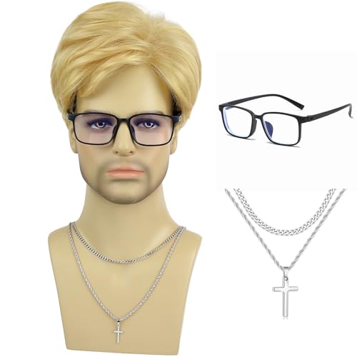 PUREHAIR Men's Short Wig with Blue Light Glasses & Cross Necklace – Realistic Synthetic Hair with Natural Look Hairstyle for Daily Wear, Cosplay & Costume (Blonde)