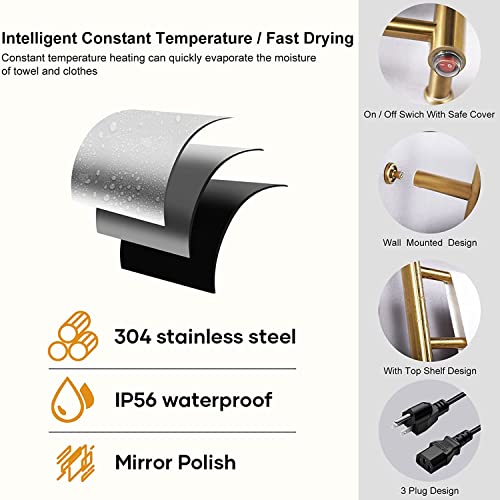 Towel Warmer, Heated Towel Warmer For Bathroom, Wall Mounted Hot Towel Racks With Top Shelf, Stainless Steel Heated Towel Drying Rack (Gold,Plug-In) #TOP3