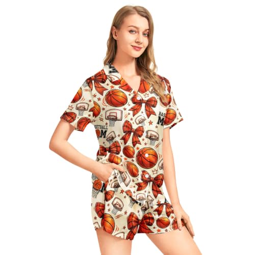 Image of Funny Pajamas for Women Set Print Satin Loungewear Pjs Short Sleeve Button Down Top and Shorts Sets Sleepwear XS-3XL