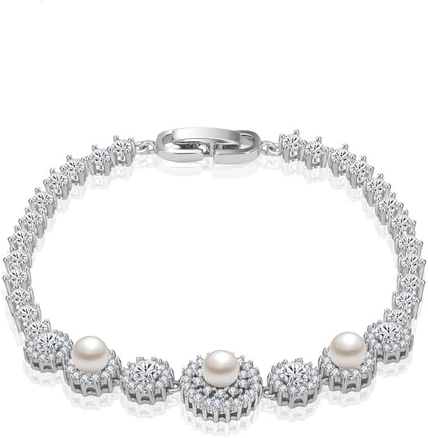 14K Gold Freshwater Pearl Bracelet for Women,Dainty Cultured White Pearl Moissanite Link Bracelet,Fashion Pearl Jewelry Gift for Her - Image 2