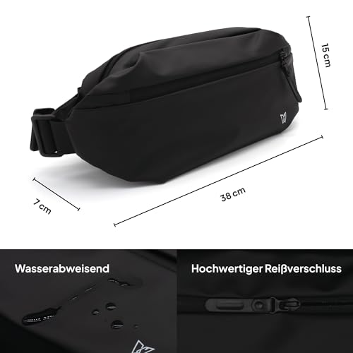 Große Bauchtasche Damen und Herren - Brusttasche XXL schwarz mit vielen Fächern und Innentasche, Hüfttasche, Gürteltasche groß, Umhängetasche und Bumbag für Freizeit, Sport, Laufen, Fitness