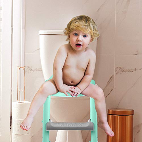 Potty Training Seat with Adjustable Ladder, Kid’s Ladder Toilet PU Seat with Non-Slip Step Stool Ladder, Potty Training Ladder, Potty Chair, Green - Thumbnail 5