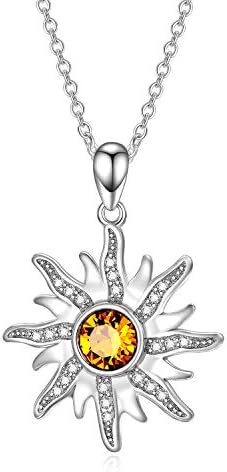 AOBOCO Sterling Silver Sun Sunburst Pendant Necklace with Citrine Austrian Crystal, November Birthstone Jewelry, Christmas Gift for Women Girls