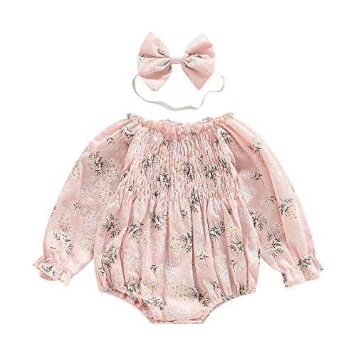 Image of 2pcs Infant Baby Girls Romper Dress Headband Long Sleeve Flowers Newborn Boho Girl Outfit Jumpsuit Clothes (F-Pink, 0-3 Months)
