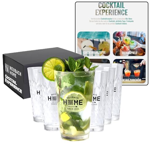 NEUBACH HOME - Interaktive Cocktailgläser 6er Set 500ml XL - Online Cocktailwelt mit Rezepten – Trinkgläser als Longdrinkgläser kreatives Gläser Set für Party Bier Eiskaffee Apfelwein