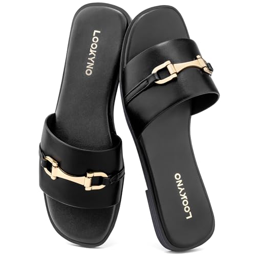 Womens Flat Sandals Dressy Square Open Toe Summer Slides Sandals Slip on Comfortable Leather Sandals for Women
