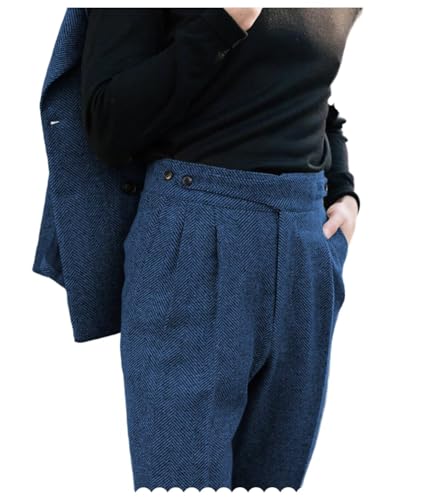 Ceehuteey Men's Dress Pants High Waisted Pleated Front Tweed Naples Style Wool Trousers