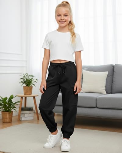 Image of JiAmy Girls Cargo Pants Elastic High Waist Drawstring Pants Jogger Trousers Casual Loose with Pockets 6-14Y