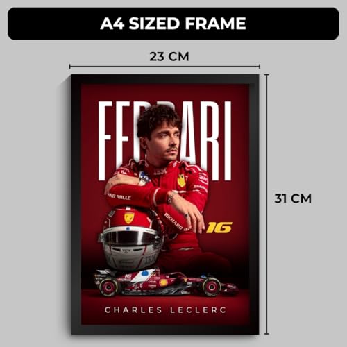 Image of Ferrari F1 Poster | Charles Leclerc Framed Ferrari F1 Car A4 Sized (31 x 23 cm) | Charles Leclerc Poster | Ferrari Car Frame Posters for Wall, Gift for Boys, Formula 1 Frames | Formula 1 Framed (F 093)