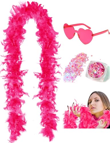 45g 2 Yard Federboa mit Glitzer und Herz-Sonnenbrille für Frauen und Teenager-Mädchen Junggesellinnenabschied Party Halloween Kostüm (Pink)