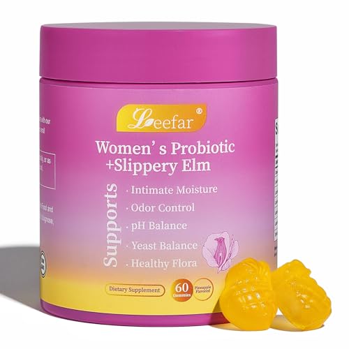 Leefar Womens Probiotic + Slippery Elm - 5 Billion CFU Vaginal Probiotics + Prebiotic Fiber - Supports Intimate Moisture pH Balance Odor Control & Yeast Balance* - Pineapple Flavor - 60 Gummies