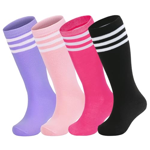 American Trends - American Trends 4 Pairs Toddler Soccer Socks - Unisex Knee High Socks - Purple/White, Rose/White, Pink/White, Black/White - 6-9 Years - Modern Athletic Socks - 4 Count