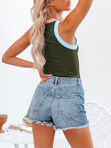 Image of siliteelon Womens Colorblock Racerback Crew Neck Casual Basic Ribbed Fitted Tank Top Sleeveless Camis