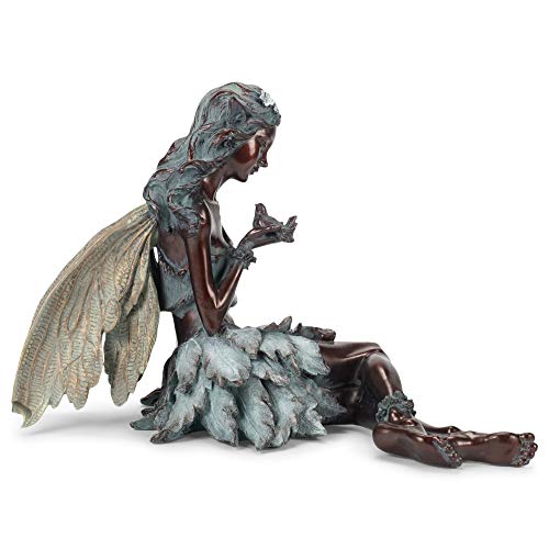 Napco 19 X 7.25 X 12 Inch Resin Constructed Sitting Fairy With Bird Decorative Indoor Or Outdoor Garden Statue, Weathered Bronze And Stone #TOP2