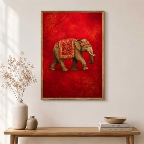 Image of Livin'luxe Royal Elephant Wall Painting for Living Room Bedroom Hall Office Decor, Red Vintage Animal Artwork with Sparkle Laminate and Premium Wooden Synthetic Frame (19.5 x 25.5 Inch) NL01-4108