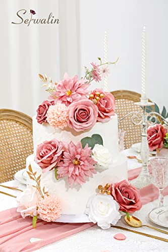 Serwalin Artificial Flowers Wedding Pink Flowers Silk Fake Dahlia Cake Flowers for Wedding Bouquets Table Centerpieces Birthday Party Bridal Baby Shower Home Decorations - Image 2