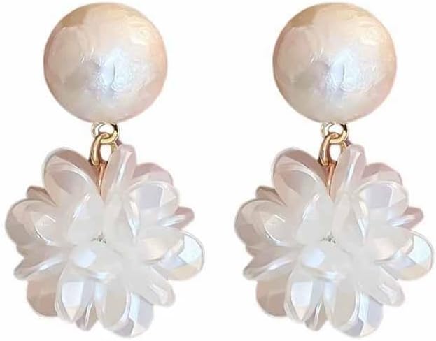 White Flower Pearl Dangle Drop Stud Earrings for Women Acrylic Petal Bouquet Flowers Tassel Earring Wedding Party Jewelry