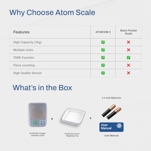 Image of ATOM DM3 Digital Pocket Weighing Scale with 1000gmx0.01g Capacity High Precision Mini Weight Machine For Jewellery, Precious Gems with Tare & Counting Function. A 100 Series