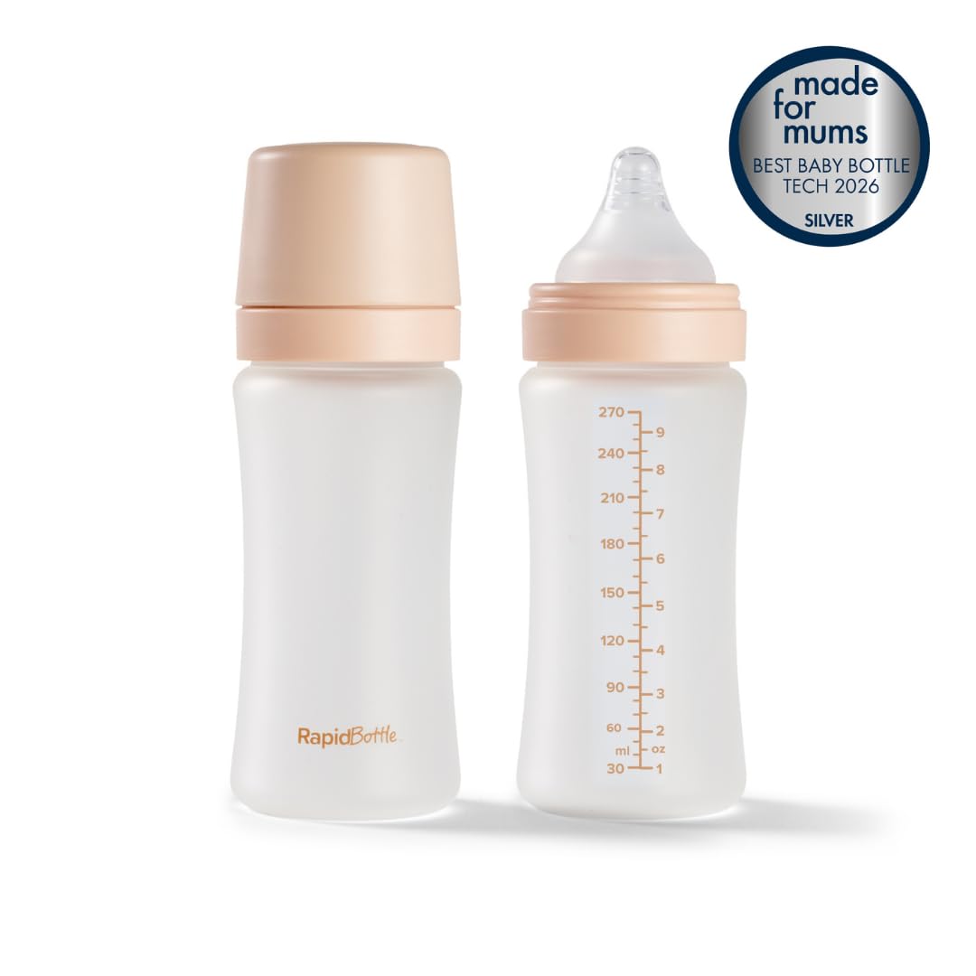 Nuby RapidBottle - Confezione da 2 biberon in vetro anti-coliche, con tettarella in silicone rivestito in silicone, alimentazione rapida, senza microplastica, sterilizzazione rapida, 255 ml, colore