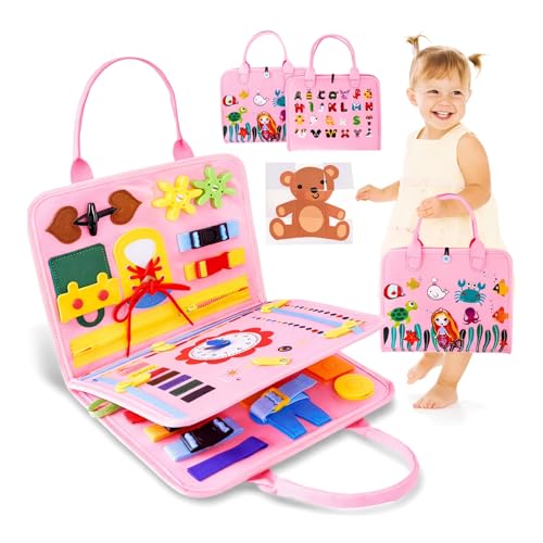 Image of Wishkey Busy Board Activity Binder for Toddlers 1-4 Years Montessori Sensory Busy Book with 19 Motor Skill Activities Soft Felt Educational Learning Toy Travel Toy & Birthday Gift for Kids Pink