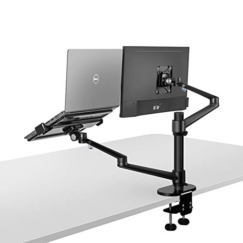 Soporte monitor y portátil de doble brazo negro para ganar espacio en escritorios pequeños