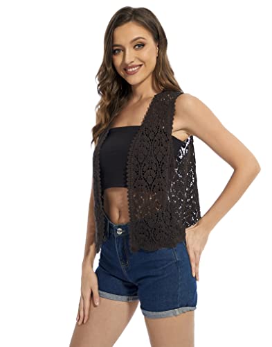 Image of Womens Floral Crochet Lace Trim Sleeveless Open Front Vest Cardigan