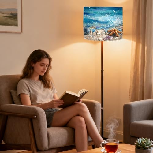 Image of Nuxovilar Lamp Shades Set of 2, 13 inch Top x 13 inch Bottom x 10 inch High (Spider) | Large lamp shades coastal shell wave design beach house bathroom patio covers light (Wave)