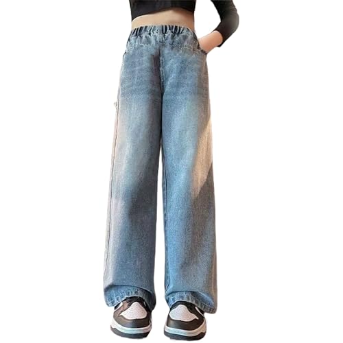Girls Straight Wide Leg Jeans for Kids Baggy Distressed Washed Elastic High Waisted Pants Streetwear Y2k
