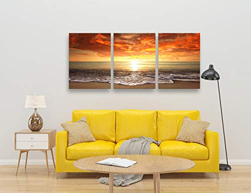 S0168 3 Pieces Canvas Prints Wall Art Sunset Ocean Beach Pictures Photo Paintings Forliving Room Bedroom Home Decorations Stretched And Framed Seascape Waves Landscape Giclee Artwork 24X32Inch X3Pcs #TOP4
