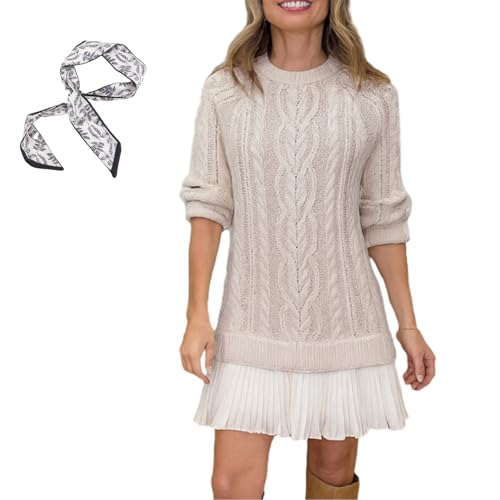 Women Crewneck Cable Knit Sweater Mini Dress, Sweater Dress with Pleated Skirt, Sweaterdress Skirt