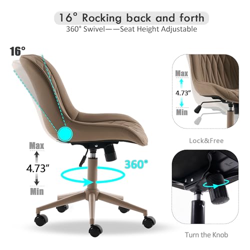 Image of YOUNIKE Faux Leather Office Desk Chair Comfy Vanity Chair Armless Khaki | Ergonomic Upholstered Rocking Back, Swivel with Wheels, Height Adjustable, Modern Task Chair For Computer Sewing Drafting