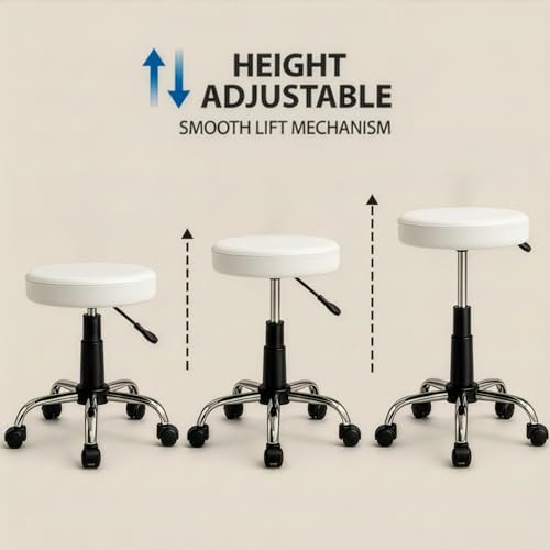 Image of DIYA Seating Nexa Round Stool (1 Year Warranty) with Adjustable Height, Wheels and Bonded Leather Upholstery, Sitting Stool for Salon, Doctor, Medical, Spa, Restaurant, Kitchen, Musicians- White