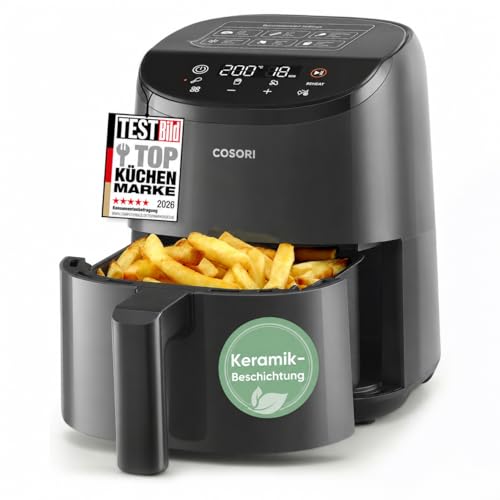 COSORI Heißluftfritteuse klein 2L Mini-Airfryer für 1 Person ideal für Camping Reisen und Wohnmobile schnell kompakt ohne Öl energiesparend Helles Schwarz Dunkelgrau