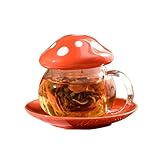 soulnioi Mushroom Mug, Glass Tea Cup with Infuser, Cute Milk Mug with Ceramic Lid and Coaster, 290ML Mushroom Tea Mug for Home, Office - Red - Image 1