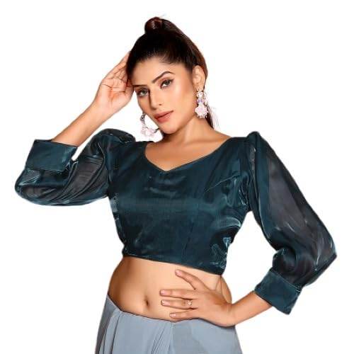 badger wins Women's Sweetheart Neck Readymade Long Balloon Sleeve Jimmi Choo Organza Saree Blouse-picture-13