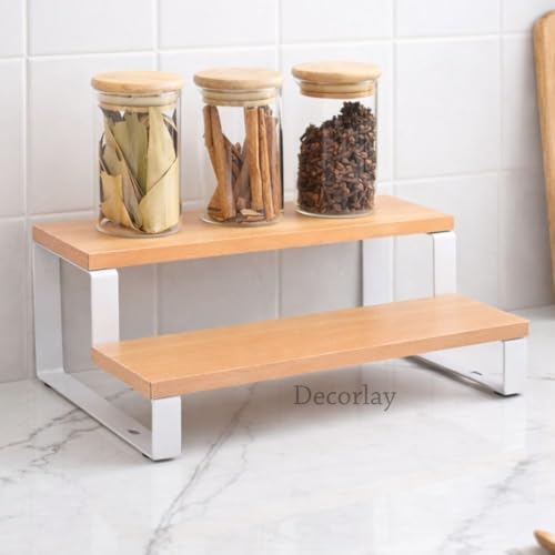 Image of Decorlay 2-Tier Metal & Laminated Board Stairs Spice Rack Cosmetic Organizer Stand, Kitchen Countertop for Pantry Cupboard, Countertop (Beech+White)