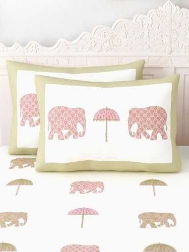 Image of DE CAMA Since 1997 | 100% Cotton 300 TC Premium King Size Bedsheet for Double Bed (108 x 108 Inch) with 2 Pillow Covers Set (17 x 27 Inch) | Traditional Jaipuri Printed Set - White & Pistachio