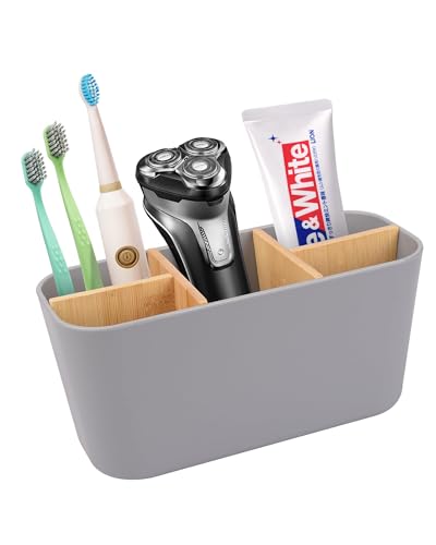 Porta Cepillo de Dientes con Particiones de Bambú, Soporte para Cepillos de Dientes con 5 Ranuras para Tarjetas, Organizador Cepillos de Dientes de Pie, Soporte Cepillo Electrico Casero (Gris)