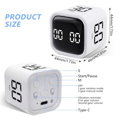 Image of Digital Cube Productivity Timer - Rotating Pomodoro Timer with Gravireceptor 5-10-30-60 Min Custom Countdown, Vibration & Adjustable Volume for Learning, Office, Kitchen, Desk, White