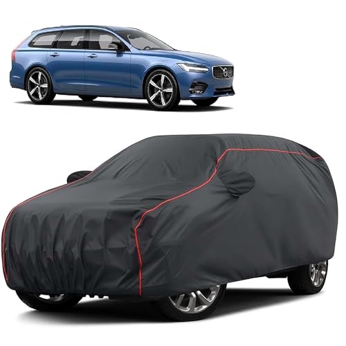 Image of Sulfar 100% Water Resistant Car Body Cover Compatible with Mirror for Volvo V90 (Triple Stitched, Full Bottom Elastic, Dark Grey Taffeta with Red Piping)
