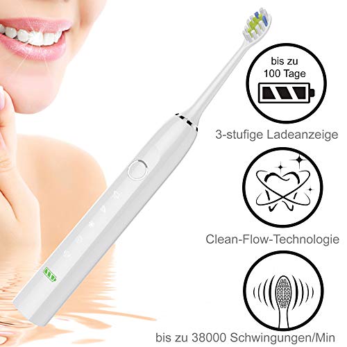 @tec Schallzahnbürste, Elektrische Zahnbürste ultraleicht mit Clean-Flow-Technologie, 5 Reinigungsmodi 38.000 Schwingungen/min, bis zu 100 Tage Akkulaufzeit, IPX7 wasserdicht, USB wiederaufladbar, – Bild 3