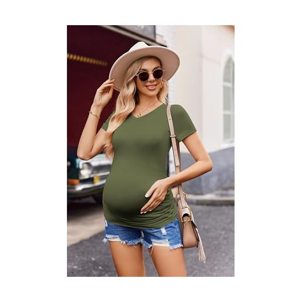 Ekouaer Maternity Shirts V Neck Short Sleeve Side Ruched Tops Tunic Casual Pregnancy Clothes S-XXL - Image 3