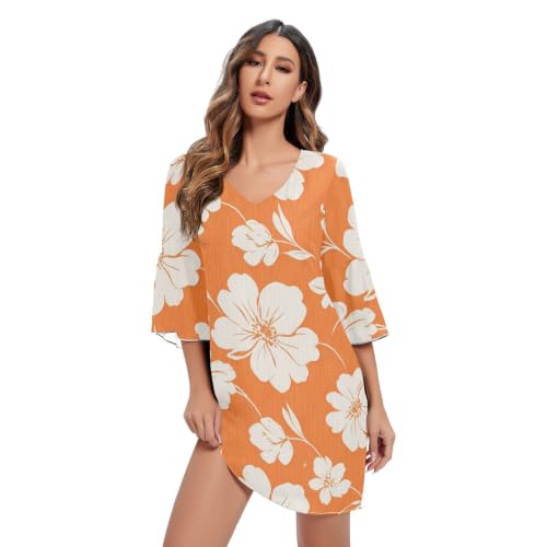 Robe en mousseline orange à col en V et motif fleur simple pour femme