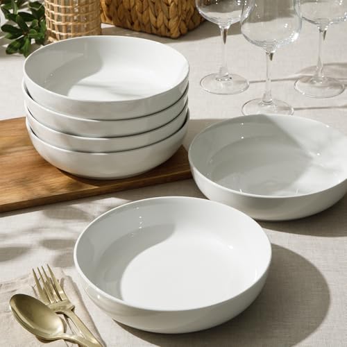 Image of Gibson Home Zen Buffet Pasta Bowls Set of 6, 41oz Porcelain Salad Bowls and Serving Bowls, 8.5 Inch White Bowls, Dishwasher & Microwave Safe